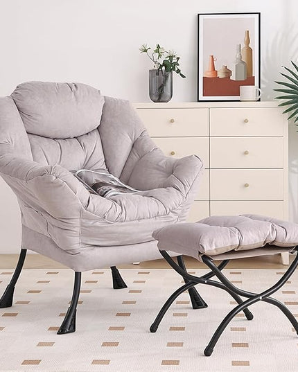 Lazy Chair with Ottoman, Modern Chair with Folding Footrest, Lounge Accent Chair, Comfortable Reading Chair, Oversized Armchairs for Bedroom, Study, Living Room, Courtyard (Light Grey) - LeafyLoom