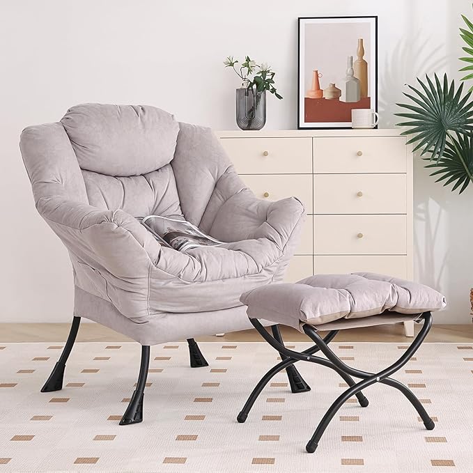 Lazy Chair with Ottoman, Modern Chair with Folding Footrest, Lounge Accent Chair, Comfortable Reading Chair, Oversized Armchairs for Bedroom, Study, Living Room, Courtyard (Light Grey) - LeafyLoom