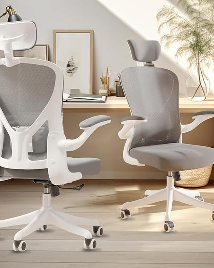 Ergonomic Office Chair Home Desk Office Chair with Flip-Armrest & Cushion for Lumbar Support, high Back Computer Chair with Thickened Cushion Desk Chairs Ngray - LeafyLoom