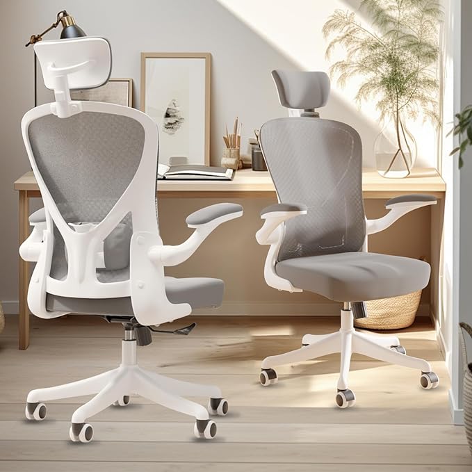 Ergonomic Office Chair Home Desk Office Chair with Flip-Armrest & Cushion for Lumbar Support, high Back Computer Chair with Thickened Cushion Desk Chairs Ngray - LeafyLoom