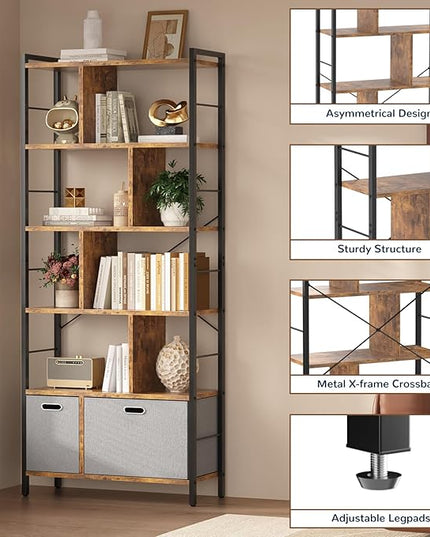 74 Inch Tall Bookshelf, 6 Tier Bookcase with Drawers, Modern Book Shelf Display Standing Shelf Units with Storage, Wood and Metal Bookshelves for Living Room, Bedroom, Home Office, Rustic Brown - LeafyLoom