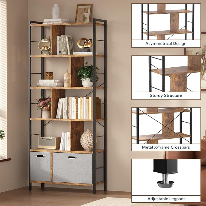 74 Inch Tall Bookshelf, 6 Tier Bookcase with Drawers, Modern Book Shelf Display Standing Shelf Units with Storage, Wood and Metal Bookshelves for Living Room, Bedroom, Home Office, Rustic Brown - LeafyLoom