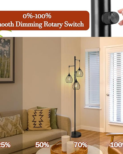 Dimmable Floor Lamp, Farmhouse Industrial Standing Lamp with 3 PCS 7W LED Edison Bulbs & 3 Light Elegant Teardrop Cage Heads, Black Rustic Tree Tall Vintage Pole Lamps for Living Room Bedroom Office - LeafyLoom