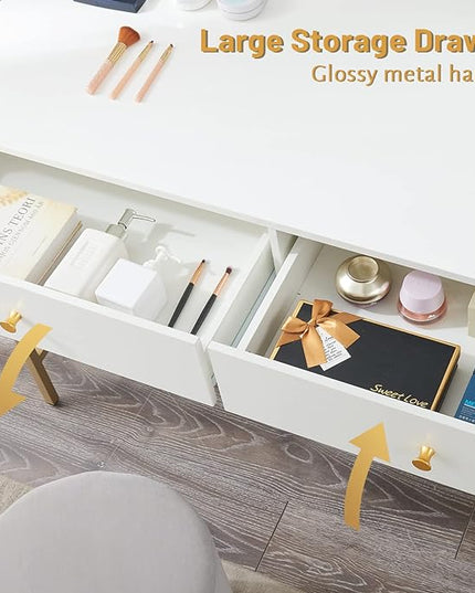 SUPERJARE Vanity Desk with Drawers, 47 inch Computer Desk, Modern Simple Home Office Desks, Makeup Dressing Table for Bedroom - White and Gold - LeafyLoom
