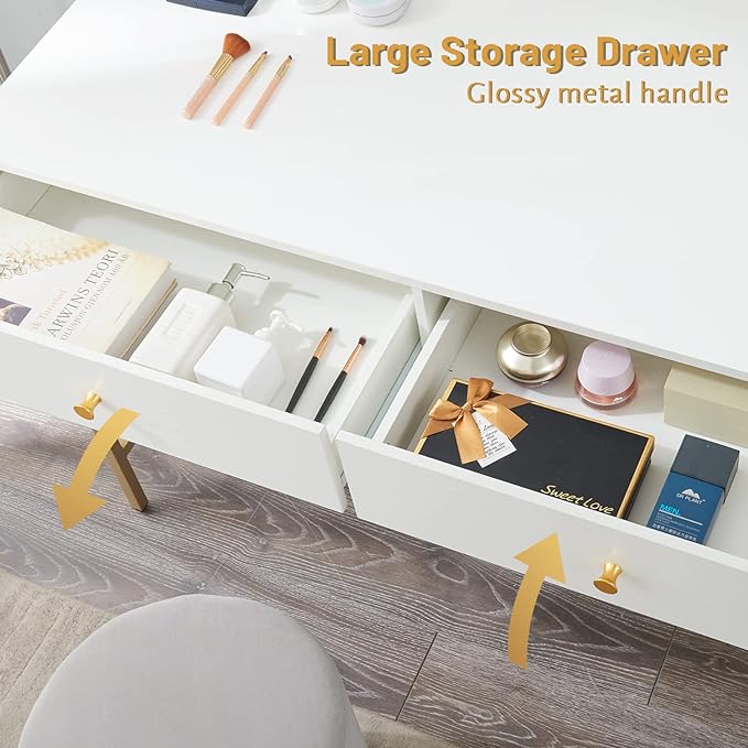 SUPERJARE Vanity Desk with Drawers, 47 inch Computer Desk, Modern Simple Home Office Desks, Makeup Dressing Table for Bedroom - White and Gold - LeafyLoom