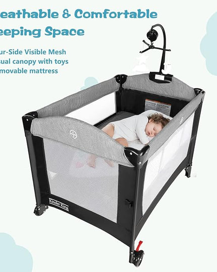 Kinder King 4 in 1 Portable Nursery Center, Foldable Baby Bedside Crib w/Bassinet, Infant Pack n Play Playard Toddler Large Playpen, Newborn Changing Table, Storage Basket, Side Zipper - LeafyLoom