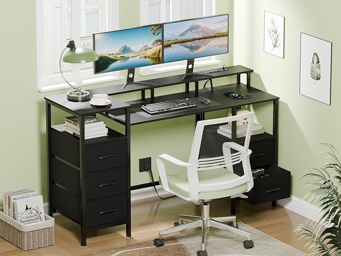 Computer Desk with Power Outlets & LED Lights, Gaming Desk with 5 Fabric Drawers for Bedroom, 47 Inch Home Office Desk with Monitor Stand & Storage Shelves for Working, Black - LeafyLoom