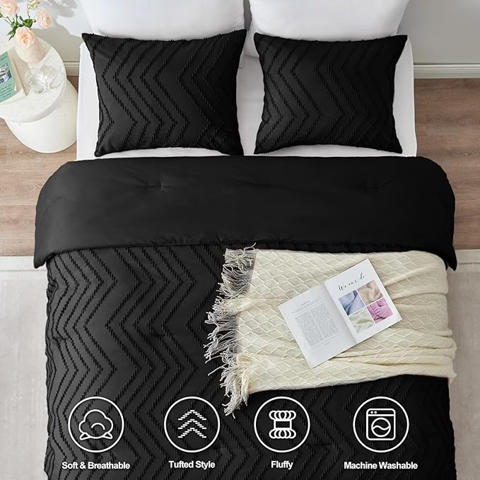 CozyLux Queen Comforter Set Black - 3 Pieces Black Boho Tufted Shabby Chic Bedding Comforter Set for All Seasons, Chevron Bedding Sets with Comforter & 2 Pillow Shams - LeafyLoom