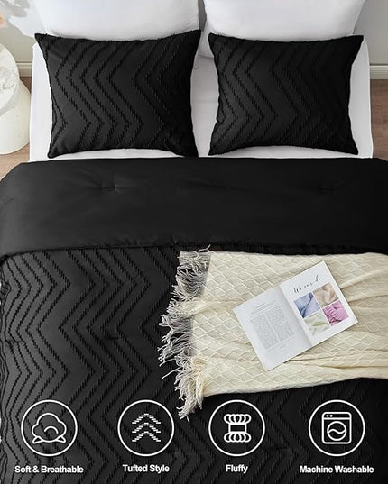 CozyLux California King Size Comforter Set Black - 3 Pieces Cal King Boho Tufted Shabby Chic Bedding Comforter Set for All Seasons, Chevron Bedding Sets with Comforter & 2 Pillow Shams - LeafyLoom