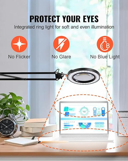 VEVOR Magnifying Glass with Light, 5X Magnifying Lamp, 4.3" Glass Lens, Desk Magnifier with Light, 64 LED Lights 5 Color Modes, with Clamp for Close Work, Reading, Repair Crafts - LeafyLoom