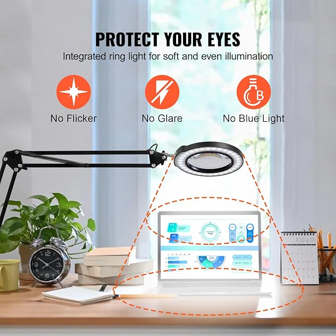 VEVOR Magnifying Glass with Light, 5X Magnifying Lamp, 4.3" Glass Lens, Desk Magnifier with Light, 64 LED Lights 5 Color Modes, with Clamp for Close Work, Reading, Repair Crafts - LeafyLoom