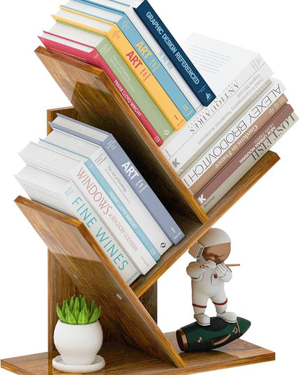 Tree Bookshelf, 3-Tier Small Book Storage Organizer Shelves Floor Standing Bookcase, Wood Storage Rack for Office Home School Shelf Display for Cd/Magazine(Rustic Brown) - LeafyLoom