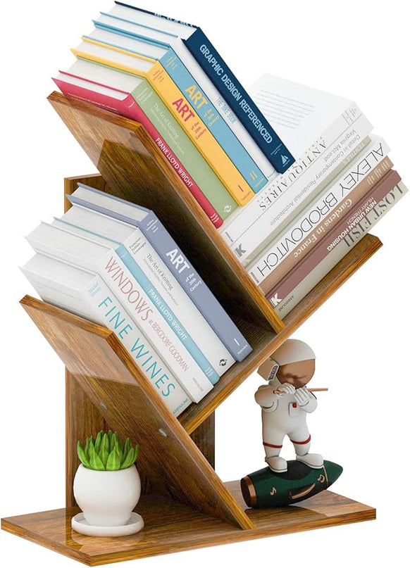Tree Bookshelf, 3-Tier Small Book Storage Organizer Shelves Floor Standing Bookcase, Wood Storage Rack for Office Home School Shelf Display for Cd/Magazine(Rustic Brown) - LeafyLoom