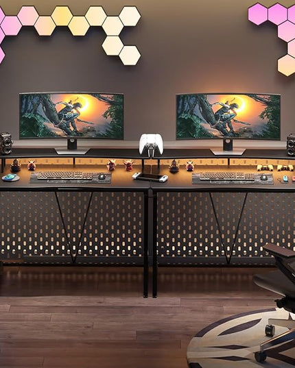 Gaming Desk with Power Outlets & Music Strip Lights,Computer Desk with Large Monitor Stand, PC Laptop Table for Small Spaces, Gamer Workstation with Cup Holder, Headphone Hook for Home Office - LeafyLoom