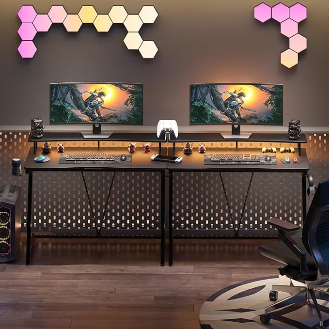 Gaming Desk with Power Outlets & Music Strip Lights,Computer Desk with Large Monitor Stand, PC Laptop Table for Small Spaces, Gamer Workstation with Cup Holder, Headphone Hook for Home Office - LeafyLoom