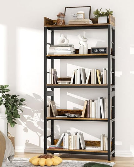 Aquzee Bookshelf, 66" H 5-Tiers Heavy Duty Industrial Shelving Wood & Metal Bookcase, Rustic and Black Tall Shelf Units for Home, Office, Living Room - LeafyLoom