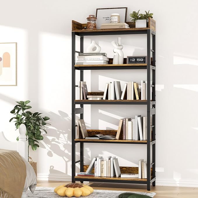 Aquzee Bookshelf, 66" H 5-Tiers Heavy Duty Industrial Shelving Wood & Metal Bookcase, Rustic and Black Tall Shelf Units for Home, Office, Living Room - LeafyLoom
