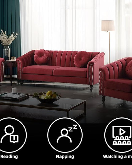 Velvet Loveseat Modern Living Room 3 Piece with Scroll Arms and Nailhead, includes 2 Love-seat Chair & Armchair, Sofa Couch Set Red - LeafyLoom
