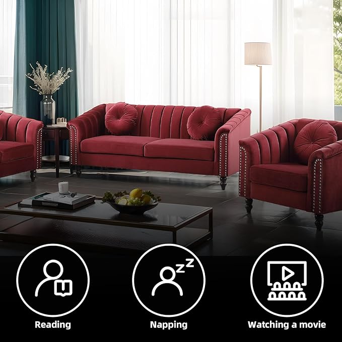 Velvet Living Room Sofa Set 3 Piece Modern Decor Sofa and Loveseat Set with Scroll Arms and Nailhead, Includes 2 Loveseat Couch and Armchair Red - LeafyLoom