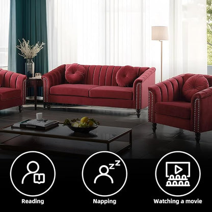 Velvet Living Room Sofa Set 3 Piece Modern Decor Sofa and Loveseat Set with Scroll Arms and Nailhead, Includes 2 Loveseat Couch and Armchair Red - LeafyLoom