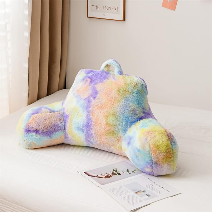 A Nice Night Faux Fur Reading Pillow Bed Wedge Large Adult Children Backrest with Arms Back Support for Sitting Up in Bed/Couch for Bedrest,Tie Dyed Purple - LeafyLoom