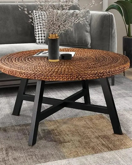 Round Coffee Table, Seagrass Coffee Solid Pine Wood X Base Frame Cocktail Table, Easy Assembled, Multiple Sizes for Living Room, 32 x 17 Inches,Gold - LeafyLoom