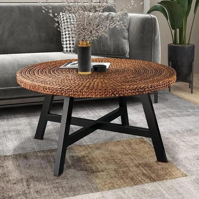 Round Coffee Table, Seagrass Coffee Solid Pine Wood X Base Frame Cocktail Table, Easy Assembled, Multiple Sizes for Living Room, 32 x 17 Inches,Gold - LeafyLoom