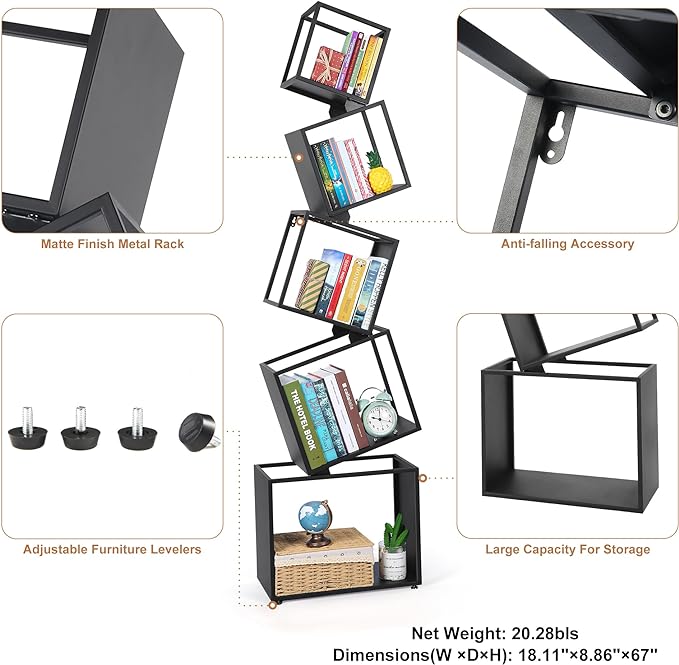 Bookshelf 2024 NEW, 5-Tier Bookshelves, 67" Tall Black Bookshelf, Book Shelf, Bookcase, Modern Bookshelf, Storage Shelf for CDs/Books/Collections, Display Shelf for Livingroom, Bedroom, Office - LeafyLoom