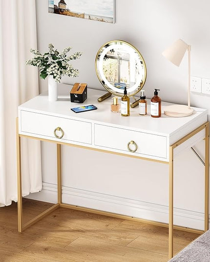 Anmytek Home Office Writing Desk 2 Drawers Storage, Contemporary Makeup Vanity Table Study Desk, W/Matte White and Gold Finish Frame D0003 - LeafyLoom
