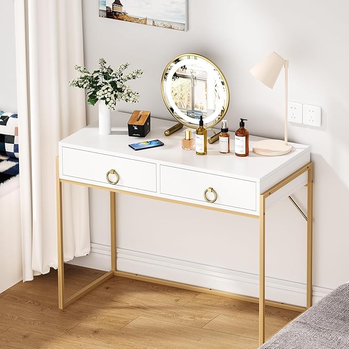 Anmytek Home Office Writing Desk 2 Drawers Storage, Contemporary Makeup Vanity Table Study Desk, W/Matte White and Gold Finish Frame D0003 - LeafyLoom