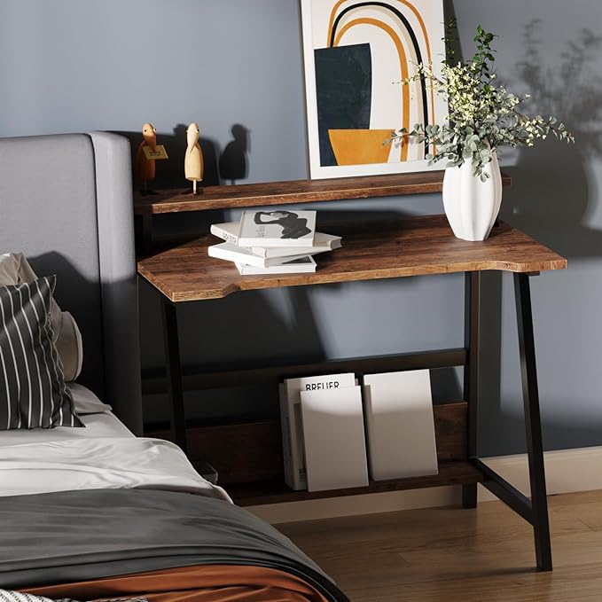 Computer Home Office Desk, 31.5" Desk for Small Spaces with Storage Shelf,Small Computer Desk with Monitor and Bookshelf, Modern Simple Style Laptop Desk - LeafyLoom