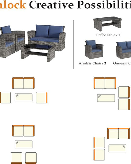 Solaste 4 Piece Outdoor Patio Furniture Set, Outdoor Sectional Sofa with Tempered Glass Coffee Table and Cushions, Wicker Rattan Patio Set for Backyard, Front Porch, Balcony, Blue - LeafyLoom