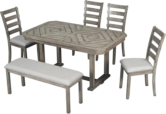 6-Piece Rubber Wood Dining Table Set with Beautiful Grain Pattern Tabletop Solid Wooden Veneer and Soft Cushion Chairs, for Kitchen, Diningroom, Living Room, Home Bar, Brown+Grey - LeafyLoom