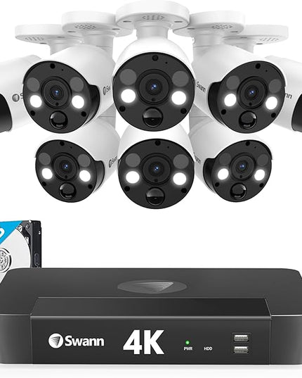 Swann Home Security Camera System with 2TB HDD, 8 Channel 8 Cam, POE Cat5e NVR 4K HD Video, Indoor or Outdoor Wired Surveillance CCTV, Color Night Vision, Heat Motion Detection, LED Lights, 886808FB SwannUSA