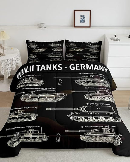 Tank Comforter Set King, War Theme Bedding Set, Soldier Dirt Bike Camouflage Army Acting Down Comforter for Kid Boy Teen Men,Camo Vintage Style Quilt Set, Military Vehicle Duvet Set Room Decor - LeafyLoom
