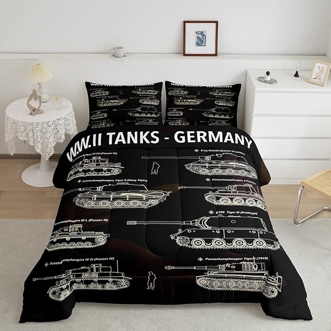 Tank Comforter Set King, War Theme Bedding Set, Soldier Dirt Bike Camouflage Army Acting Down Comforter for Kid Boy Teen Men,Camo Vintage Style Quilt Set, Military Vehicle Duvet Set Room Decor - LeafyLoom
