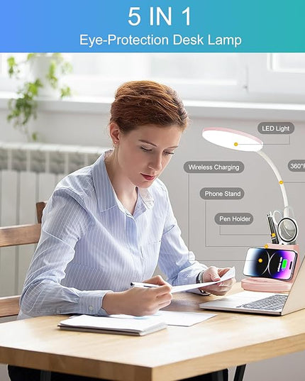 Sailstar Desk Lamp for Home Office, Small Desk Lamp with Wireless Charger & Pen Holder, Cute Desk Lamp LED Dimmable Touch 3 Lighting Modes Memory, Gooseneck Pink Desk Light for College Dorm Room - LeafyLoom