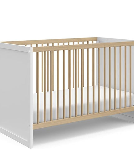Storkcraft Calabasas 3-in-1 Convertible Crib (White with Driftwood) – GREENGUARD Gold Certified, Fits Standard Crib Mattress, Converts to Toddler Bed, Modern Style, Easy 30-Minute Assembly - LeafyLoom