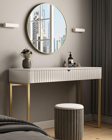 Elegant Modern Desk, 2 Drawers, Gold Legs, 43.3x15.75 inches, Home Office, Makeup Vanity, Computer, Writing, Study, Entryway, Sofa Table - LeafyLoom