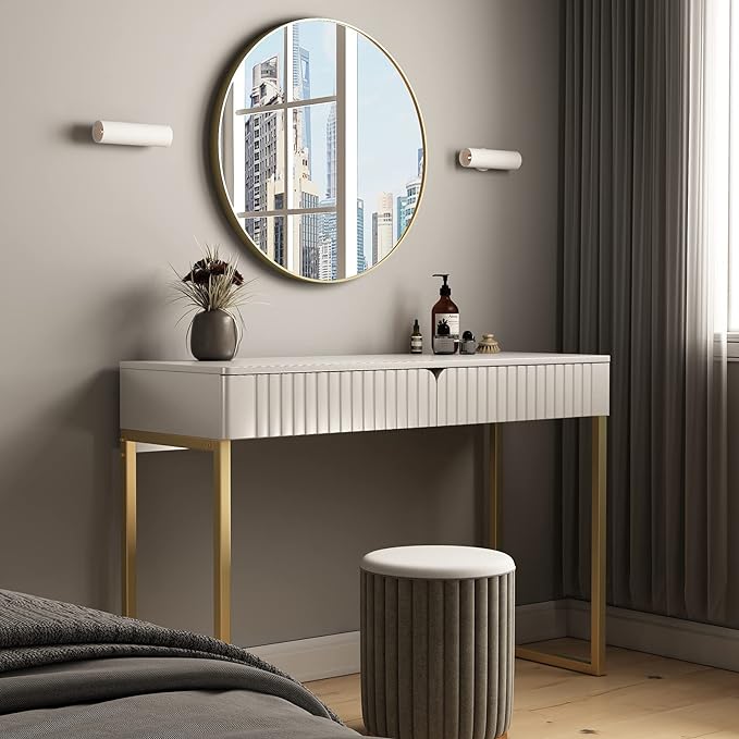 Elegant Modern Desk, 2 Drawers, Gold Legs, 43.3x15.75 inches, Home Office, Makeup Vanity, Computer, Writing, Study, Entryway, Sofa Table - LeafyLoom