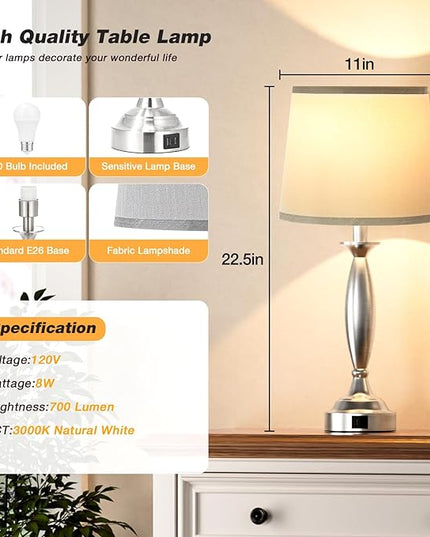 Bedrooms Touch Control Bedside Lamp with USB C+A, 3 Way Dimmable Nightstand Lamps with USB Port, Brushed Nickel Table Lamp for Living Room Guest Room Bed Side End Table, Set of 2 - LeafyLoom