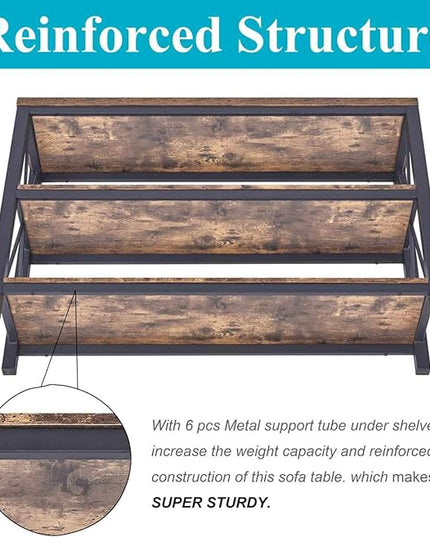 BON AUGURE Industrial Sofa Console Table for Entryway, 3 Tier Foyer Table for Hallway, Rustic Hall Tables Behind Couch (47 Inch, Rustic Brown) - LeafyLoom