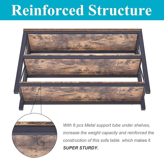 BON AUGURE Industrial Sofa Console Table for Entryway, 3 Tier Foyer Table for Hallway, Rustic Hall Tables Behind Couch (47 Inch, Rustic Brown) - LeafyLoom