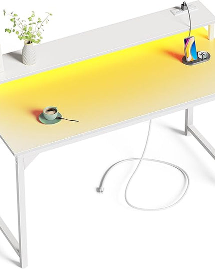 SUPERJARE 47 inch Computer Desk with LED Lights & Power Outlets, Home Office Desk with Monitor Shelf, Small Desk for Home & Office, White - LeafyLoom