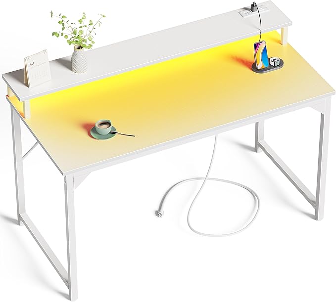 SUPERJARE 47 inch Computer Desk with LED Lights & Power Outlets, Home Office Desk with Monitor Shelf, Small Desk for Home & Office, White - LeafyLoom