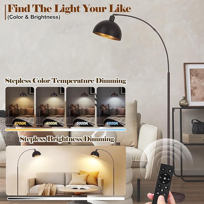 Bronze Arch Floor Lamps for Living Room Dimmable - Upgraded 9W LED Arc Lamp with 4 Color Temperatures, Remote Control Rustic Arched Floor Lamp, Reading Standing Lamp for Bedroom (Bulb Included) Brown - LeafyLoom