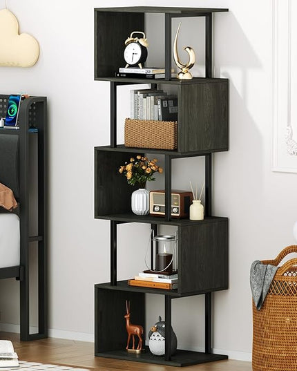 Furologee 6 Tier Bookshelf Tall Geometric Bookcase, S-Shaped Industrial Display Standing Shelf, Metal and Wood Decorative Storage Room Divider Shelves for Bedroom, Living Room, Office, Light Black Oak - LeafyLoom