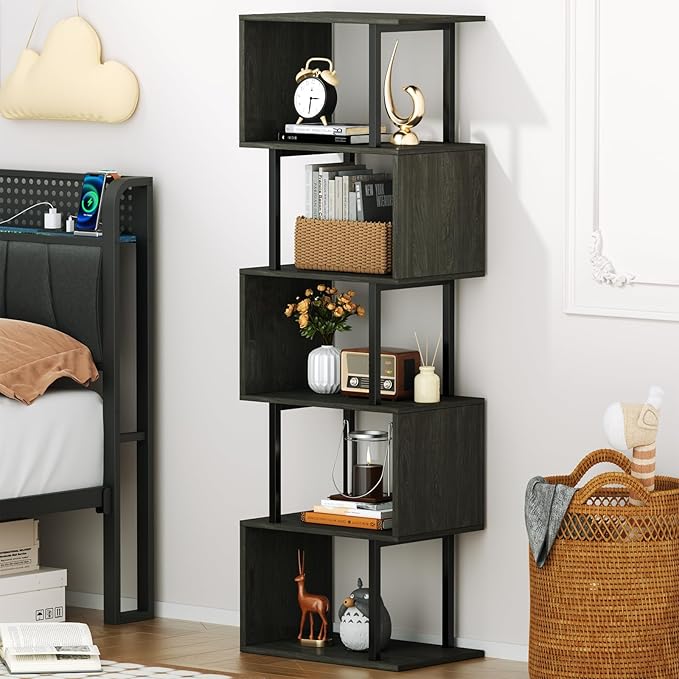 Furologee 6 Tier Bookshelf Tall Geometric Bookcase, S-Shaped Industrial Display Standing Shelf, Metal and Wood Decorative Storage Room Divider Shelves for Bedroom, Living Room, Office, Light Black Oak - LeafyLoom