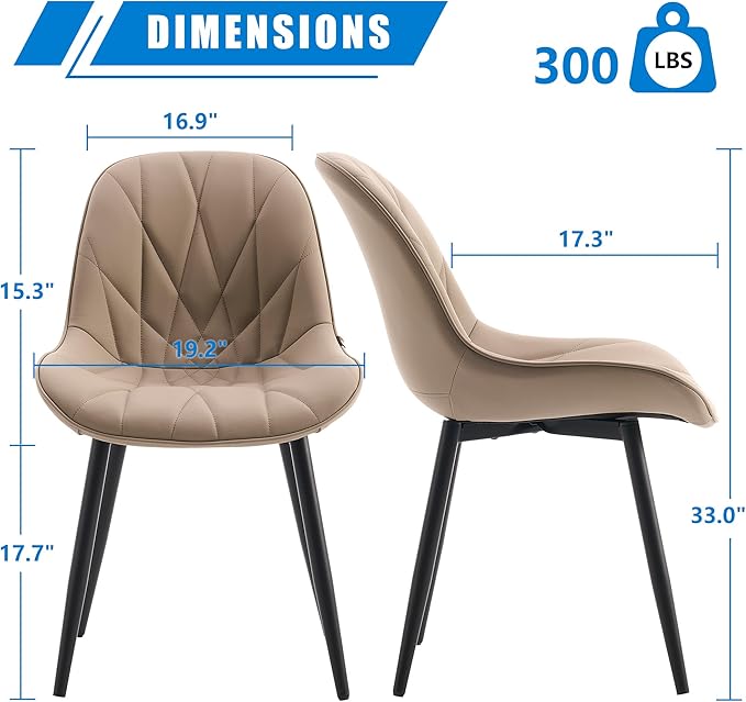 YOUNIKE Dining Chairs Set of 2, Khaki Comfy Padded Kitchen Chairs, Armless Modern Faux Leather Upholstered Dining Room Chairs, Elegant Dinning Chairs Side Chairs, Loads up to 300LBS - LeafyLoom