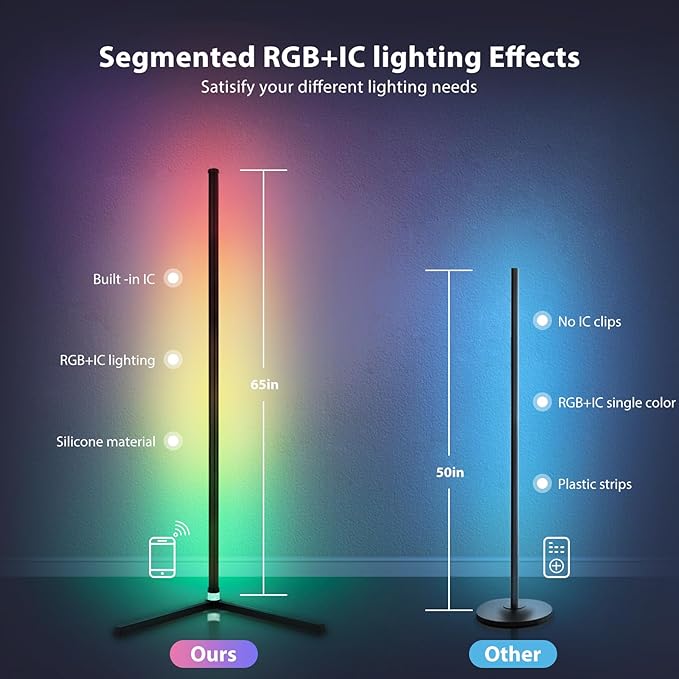 2PCS RGB Corner Floor Lamp, 64.5" RGB Color Changing Mood Light Bluetooth APP and Remote Control Music Sync LED 398 Dimmable Modes Modern Floor Lamp for Living Room, Light Timing - LeafyLoom